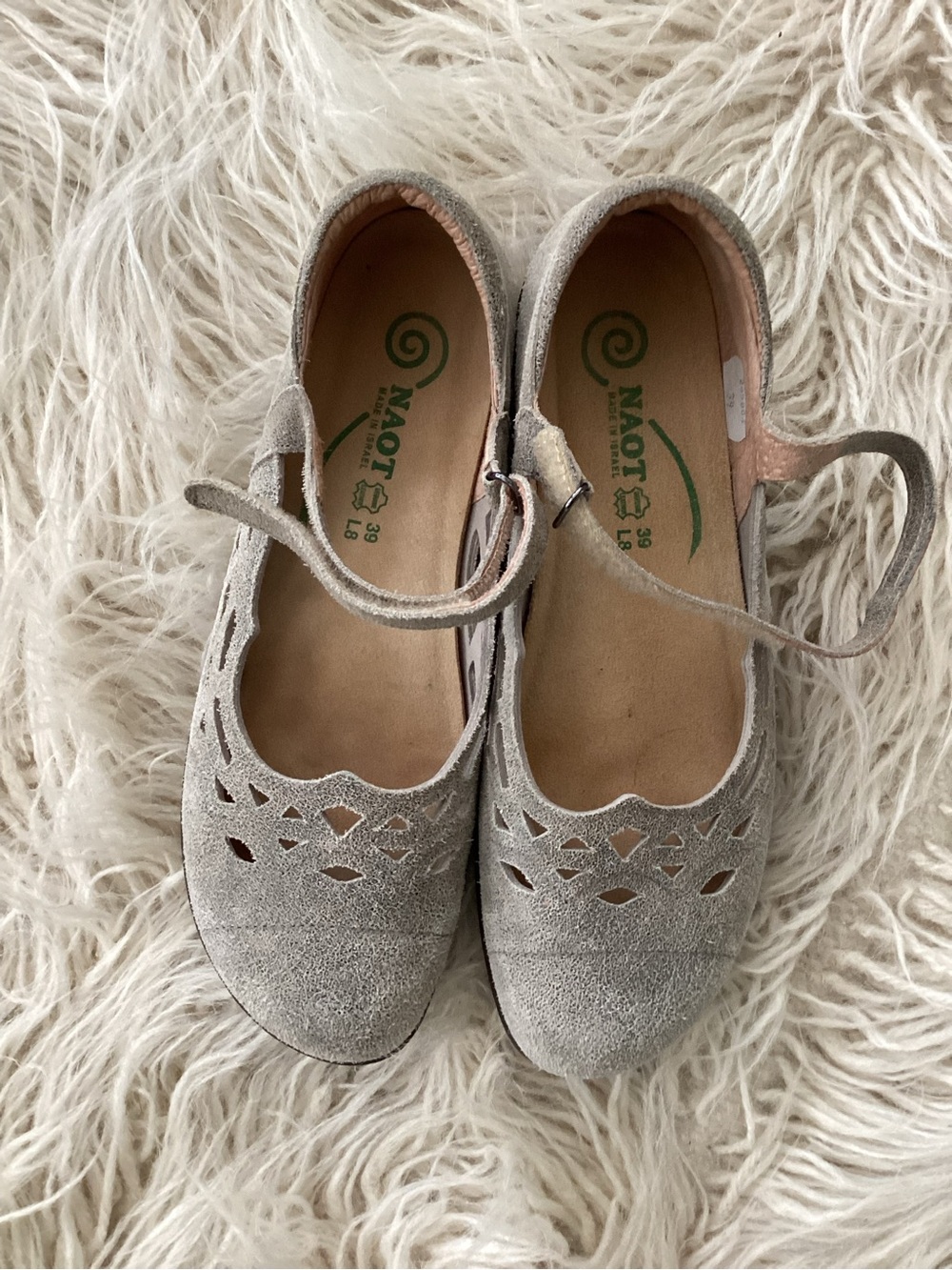 Naot Light Gray Suede Mary Jane AgathsFlats with Laser Cut Detailing